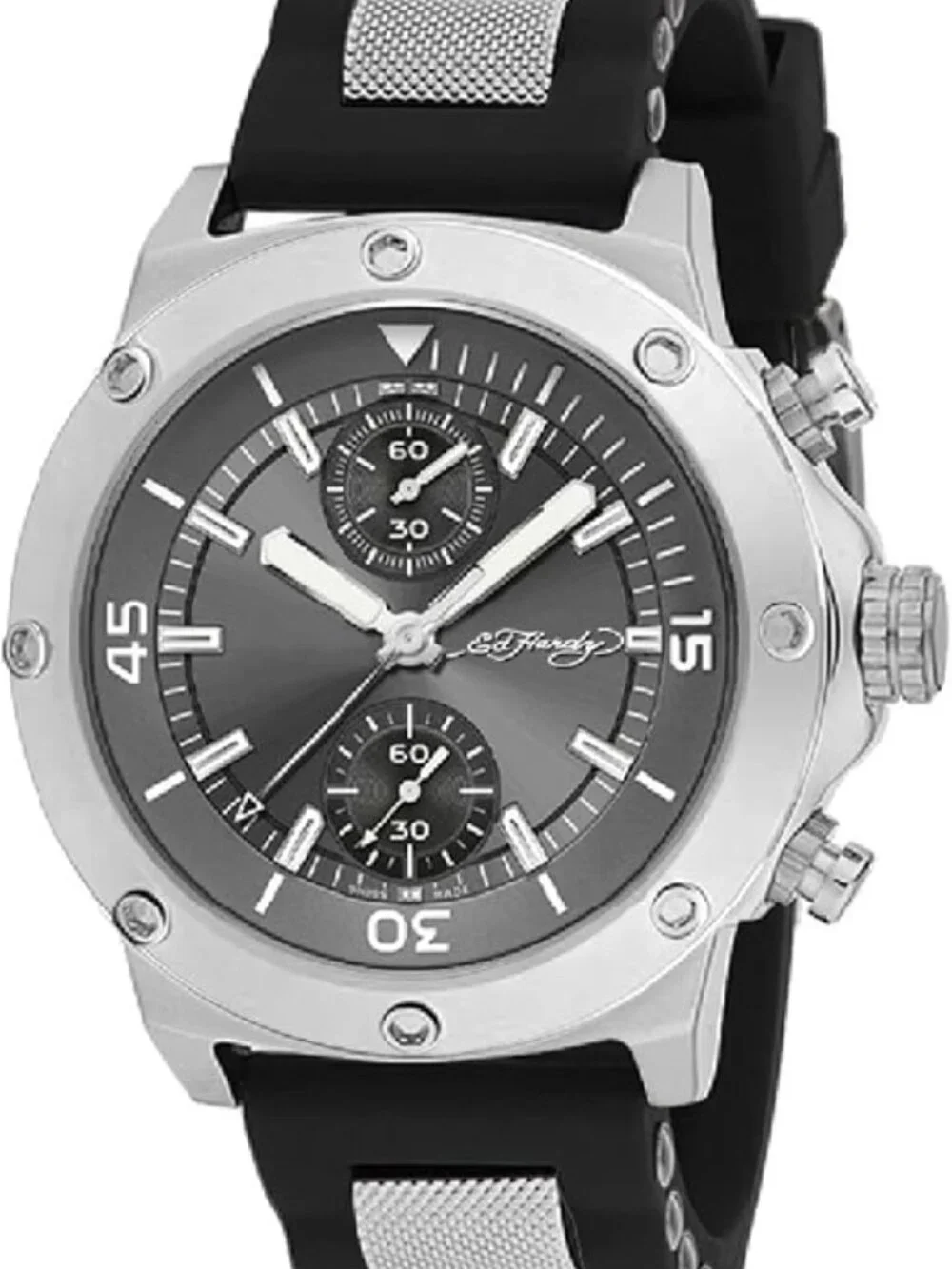 Ed Hardy Men's Silver Black Dial Black Silicone Band Quartz Watch